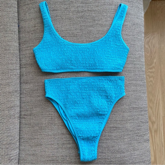 L Space Smocked Bikini Set Blue Aquarius Izzie Top Barlette Bikini Bottom Small - Picture 10 of 12